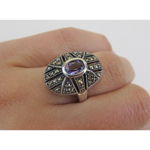 Vintage amethyst sterling silver ring sz 6.75 marcasite art deco engagement ring - Picture 1 of 9